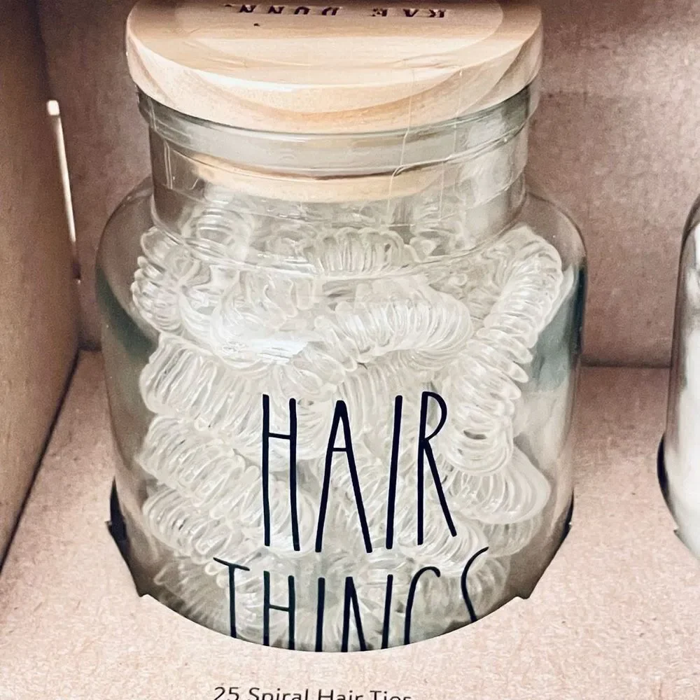 NWT Rae Dunn HAIR THINGS COTTON BALLS Spiral Hair Ties 25 each 2 Jar set w lids